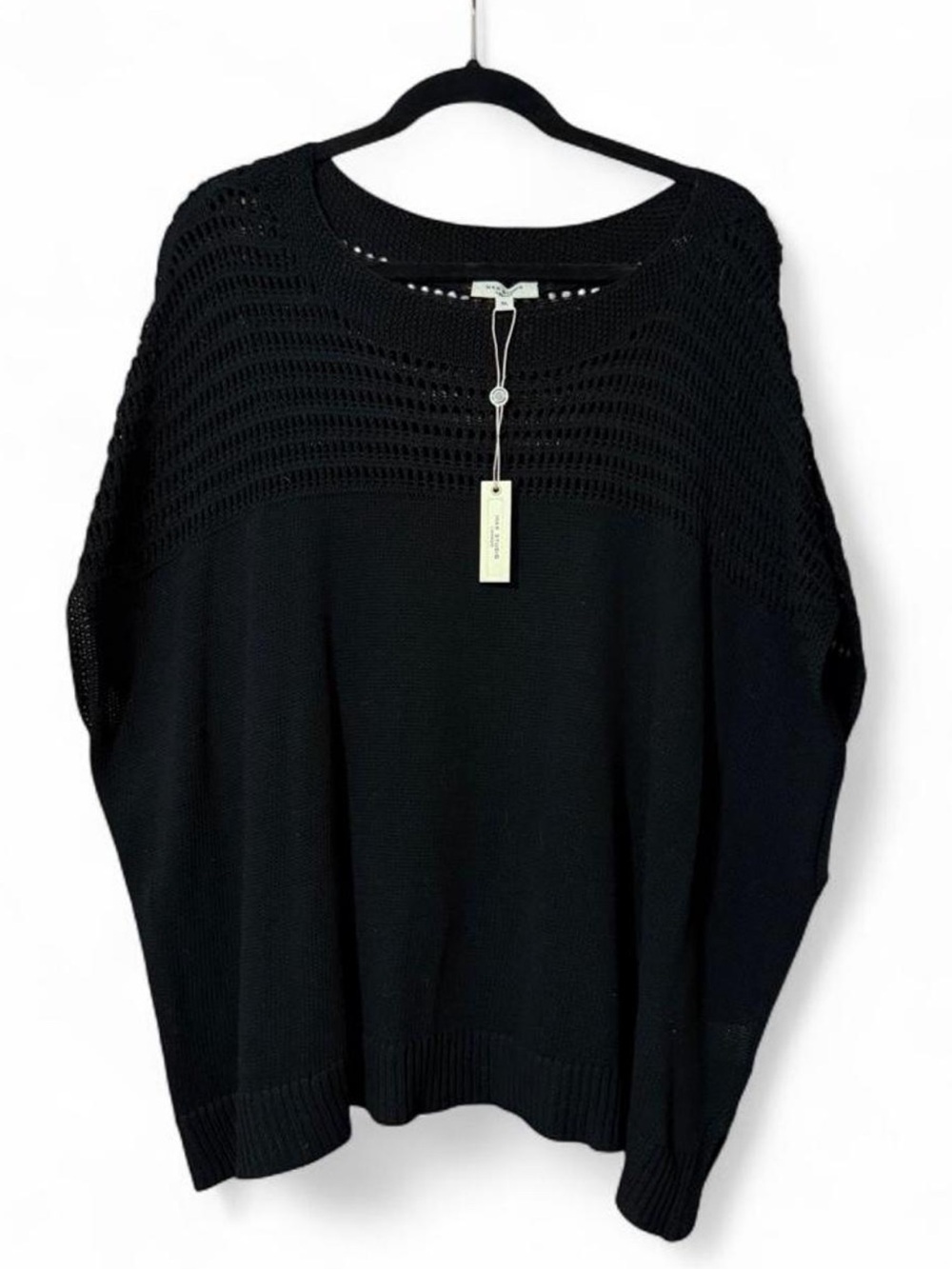 Max Studio Black Open-Knit Yoke Crew Sweater